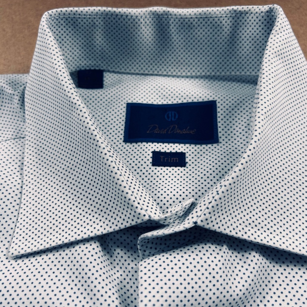 David Donahue Trim Fit Dress Shirt Mens 17.5 34/35 Dark Blue Micro-Dot White
